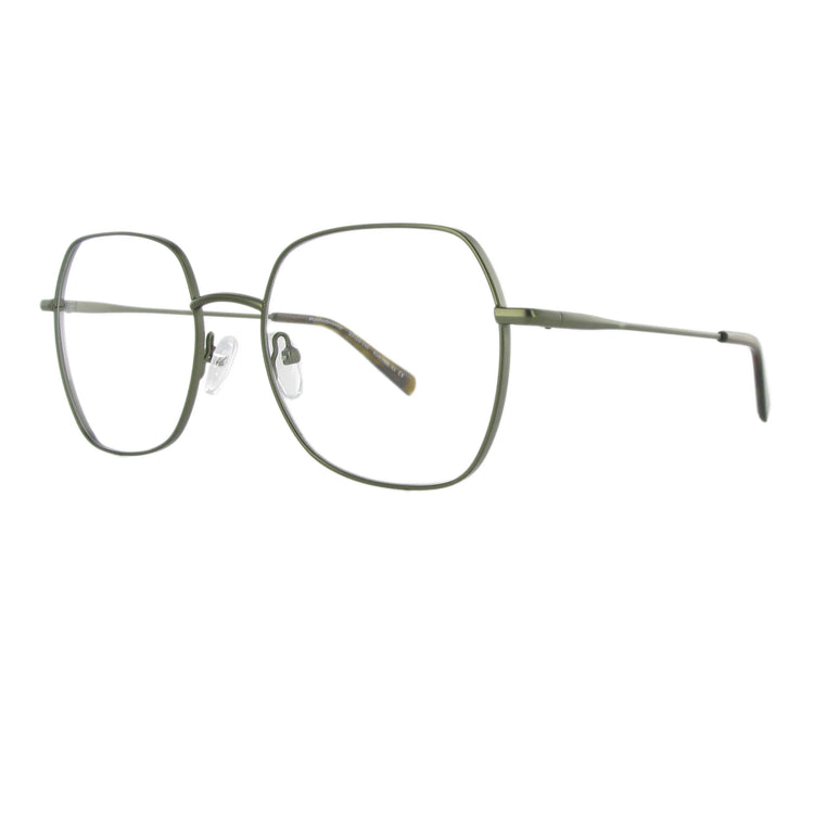 Leichte olivgrüne Metallbrille in femininem Design und eckiger Form, die durch unterschiedliche Materialstärken auffällt.