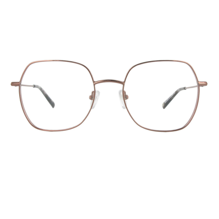 Leichte kupferbraune Metallbrille in femininem Design und eckiger Form, die durch unterschiedliche Materialstärken besonders schön wirkt.