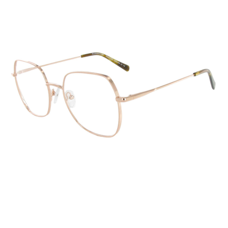 Elegante rose gold Edelstahl Brille in femininem Design und eckiger Form, die durch unterschiedliche Materialstärken besonders schön wirkt.